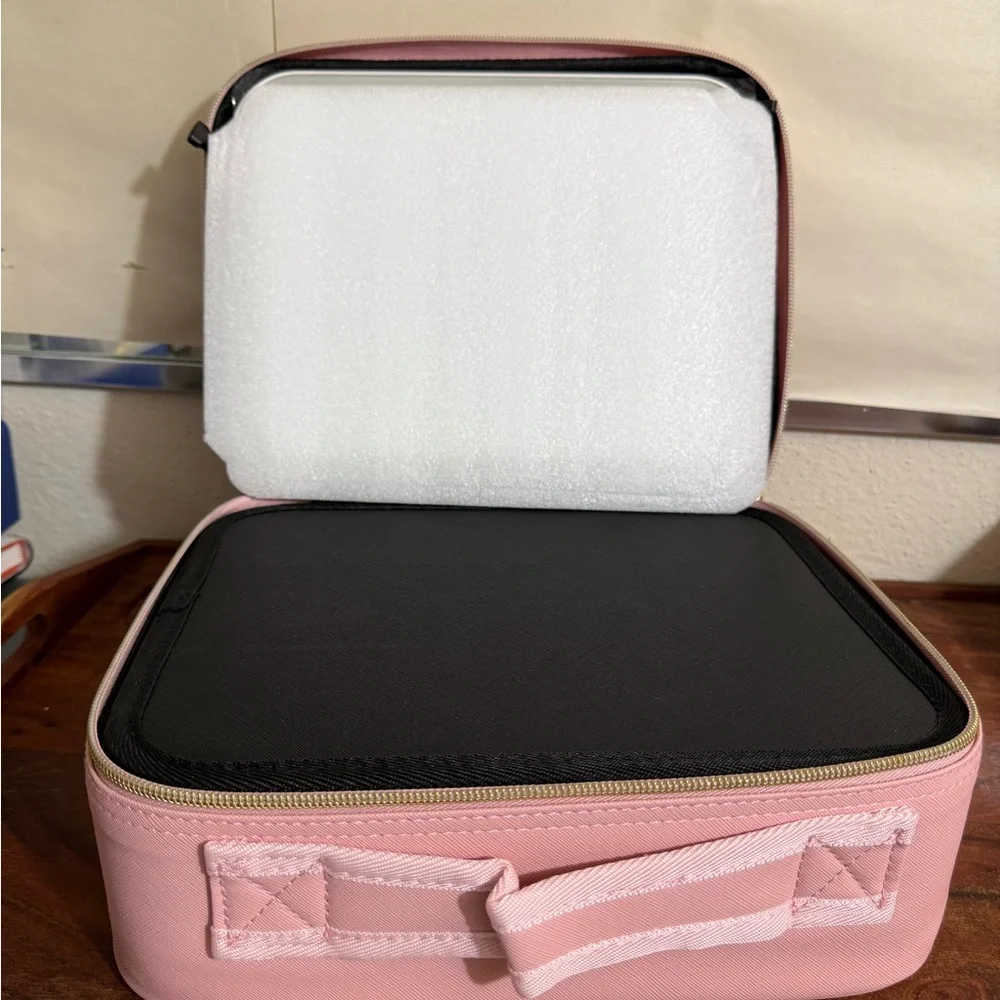 Cosmetic Storage Bag With LED Light Partition Organizer Large Travel Pink